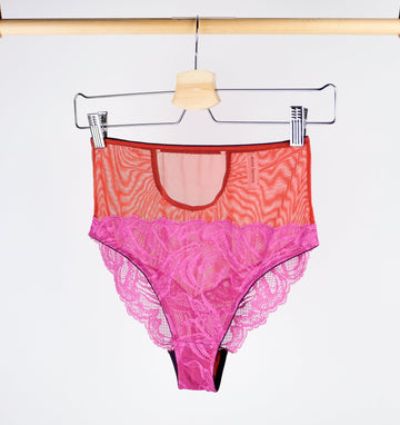 Raspberry lace & ruby mesh high waist knicker Bottoms Dora Larsen 