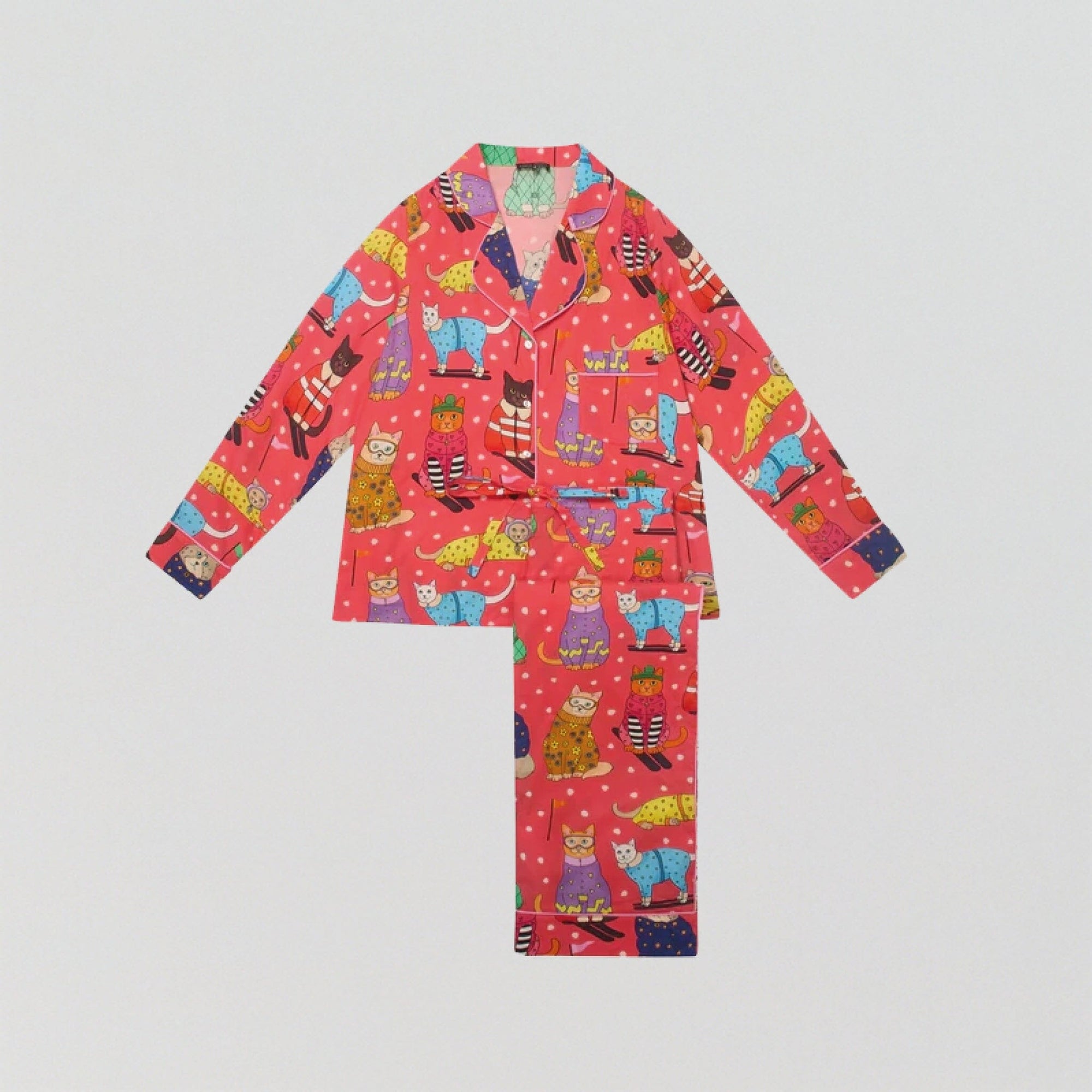 Cats on skis long cotton pyjama set Sleep Karen Mabon 