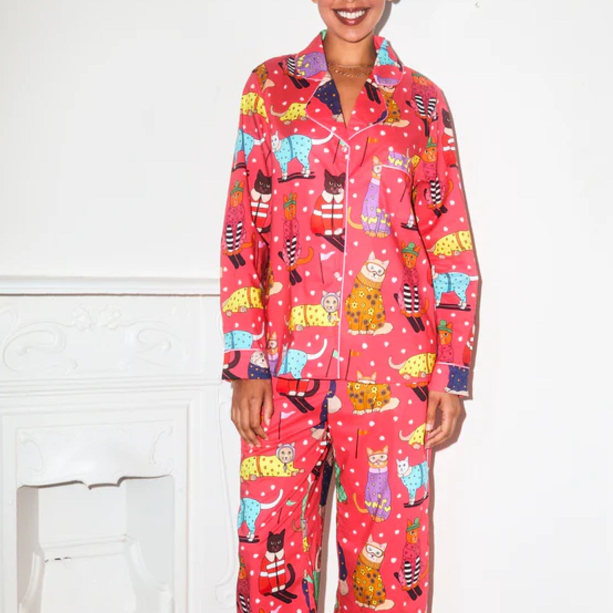 Cats on skis long cotton pyjama set Sleep Karen Mabon 