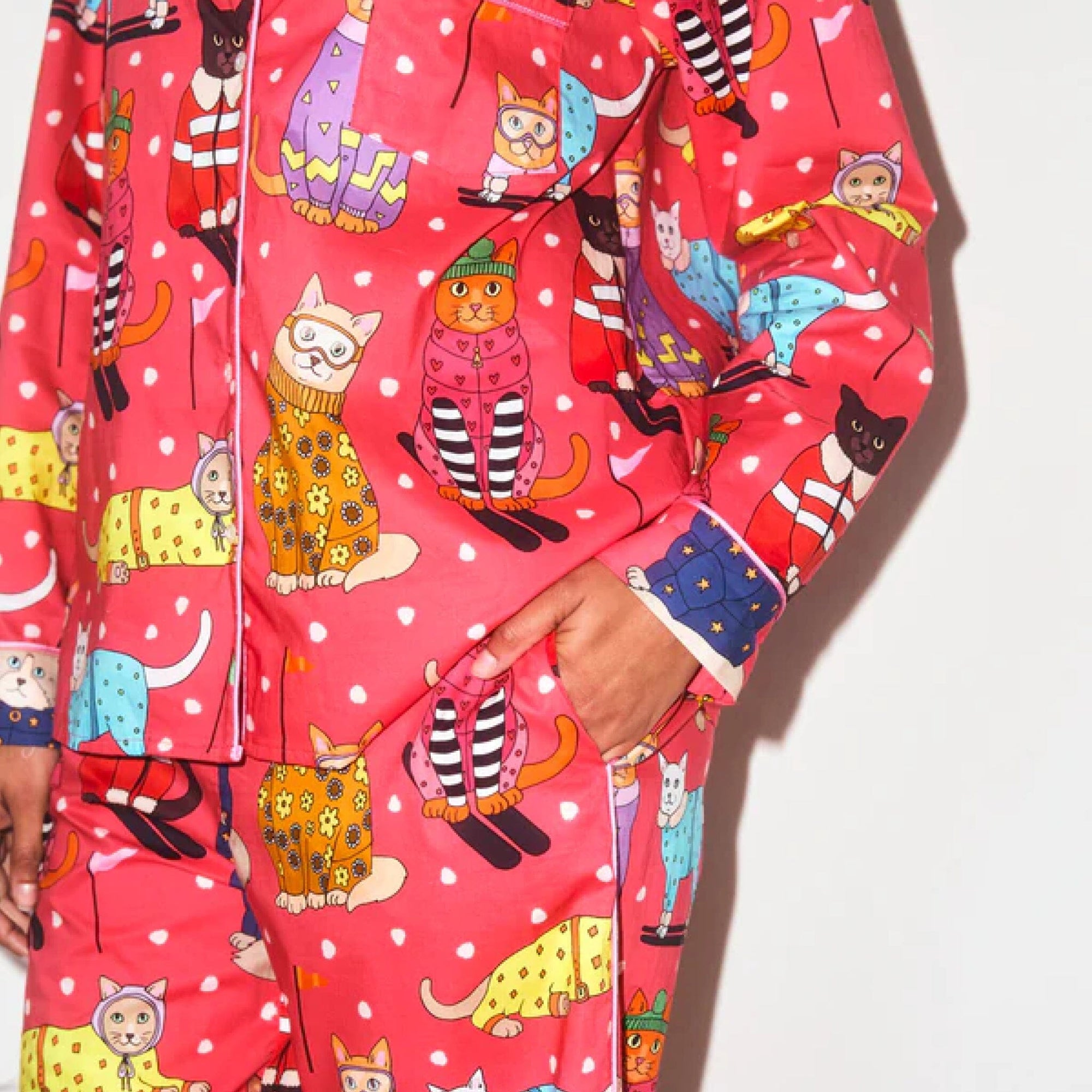 Cats on skis long cotton pyjama set Sleep Karen Mabon 