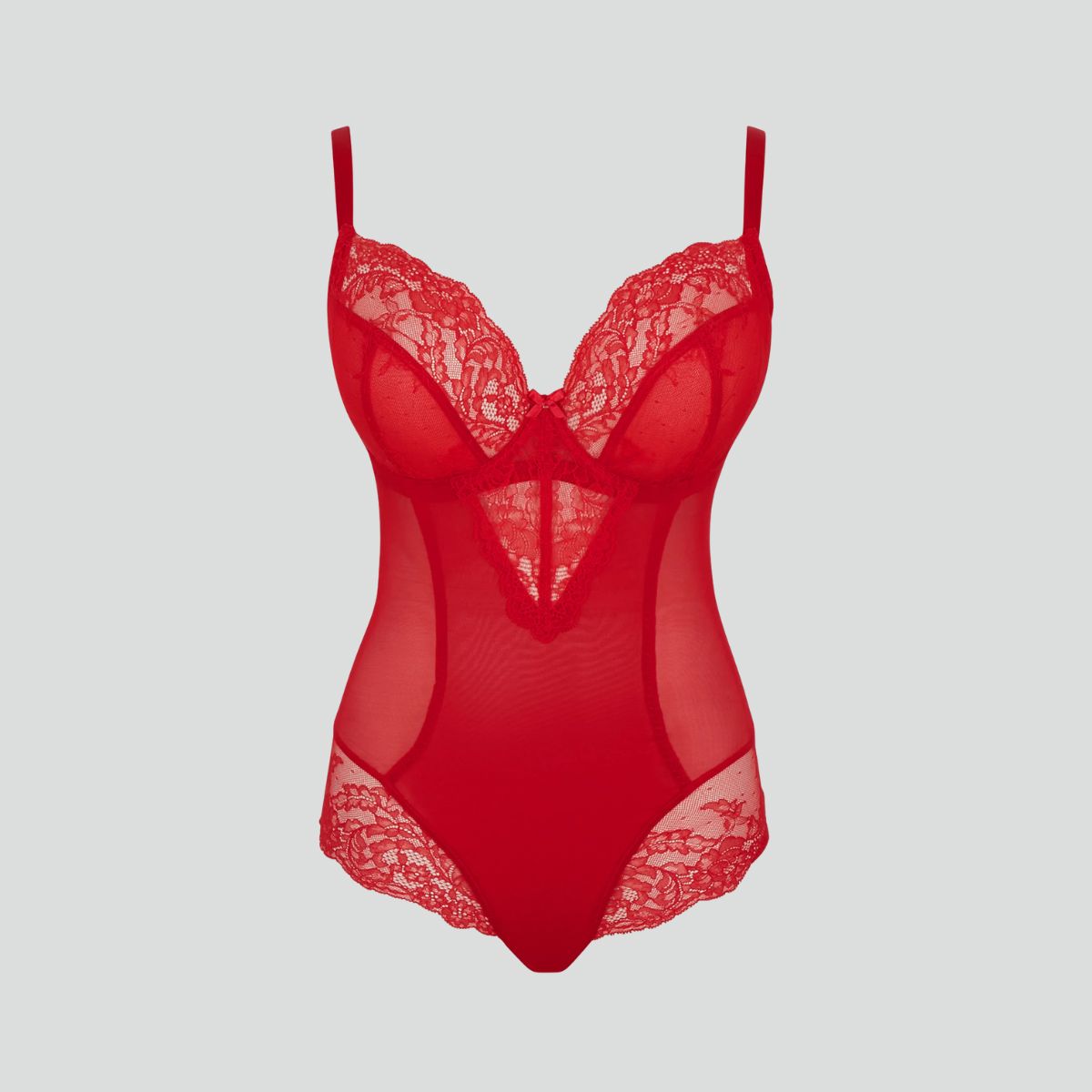 D+ lace plunge underwired bodysuit [Salsa Red] Shape Panache 