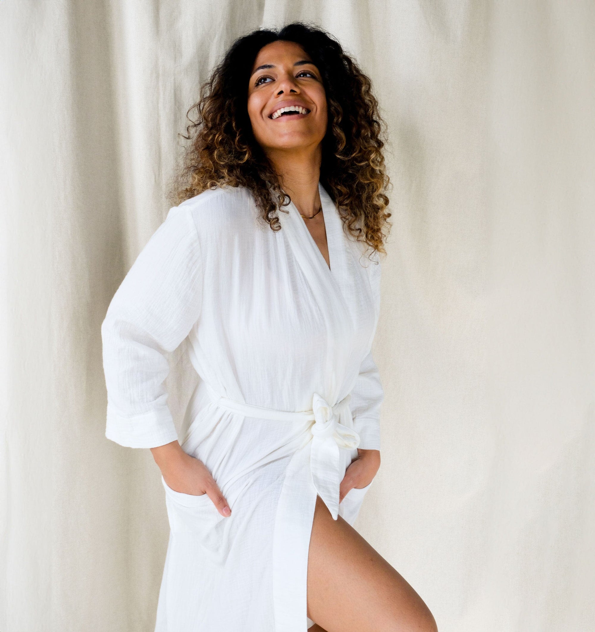 Belted cotton robe [Linen White] Sleep Nudea 