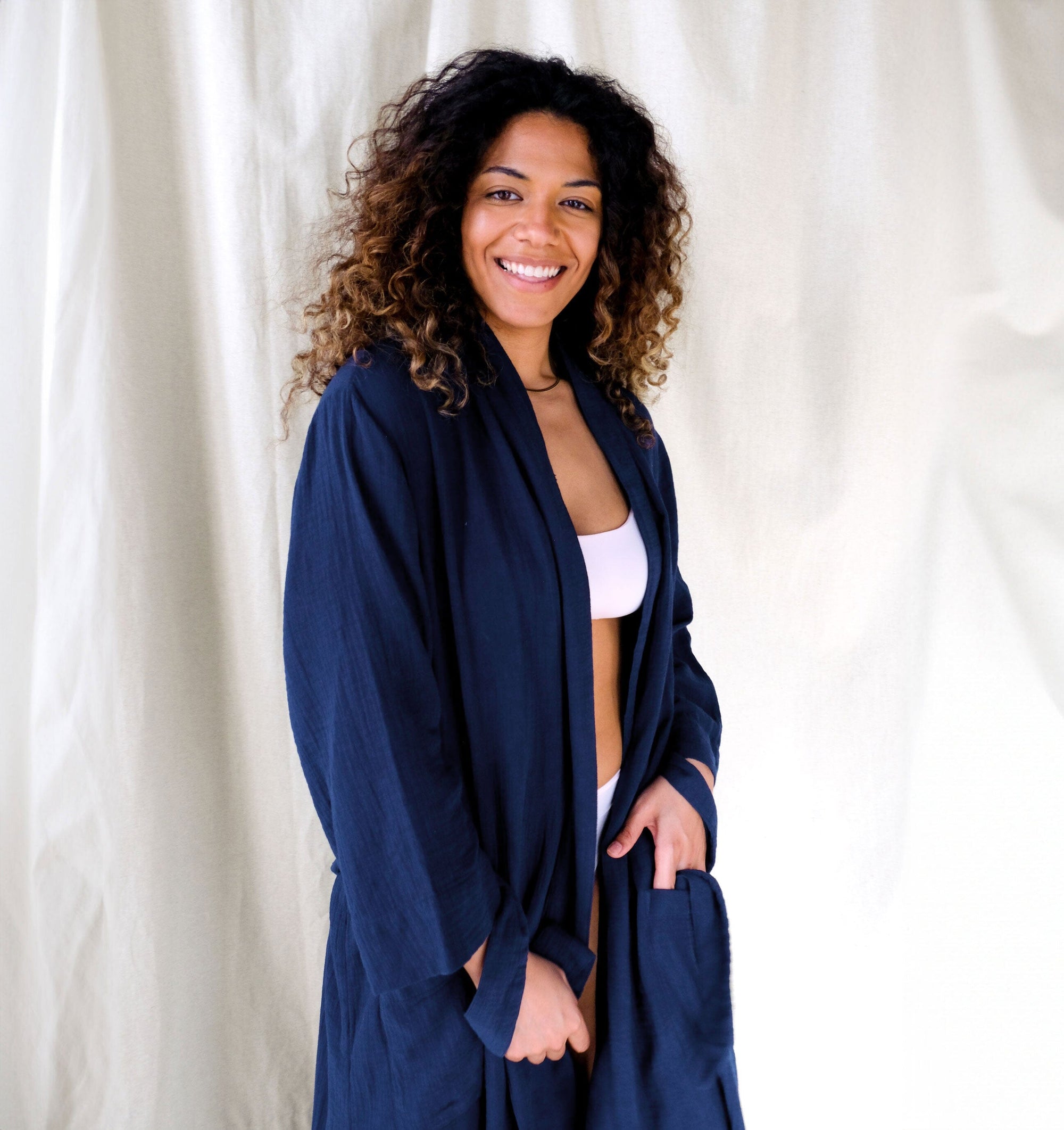 Belted cotton robe [Navy] Sleep Nudea 