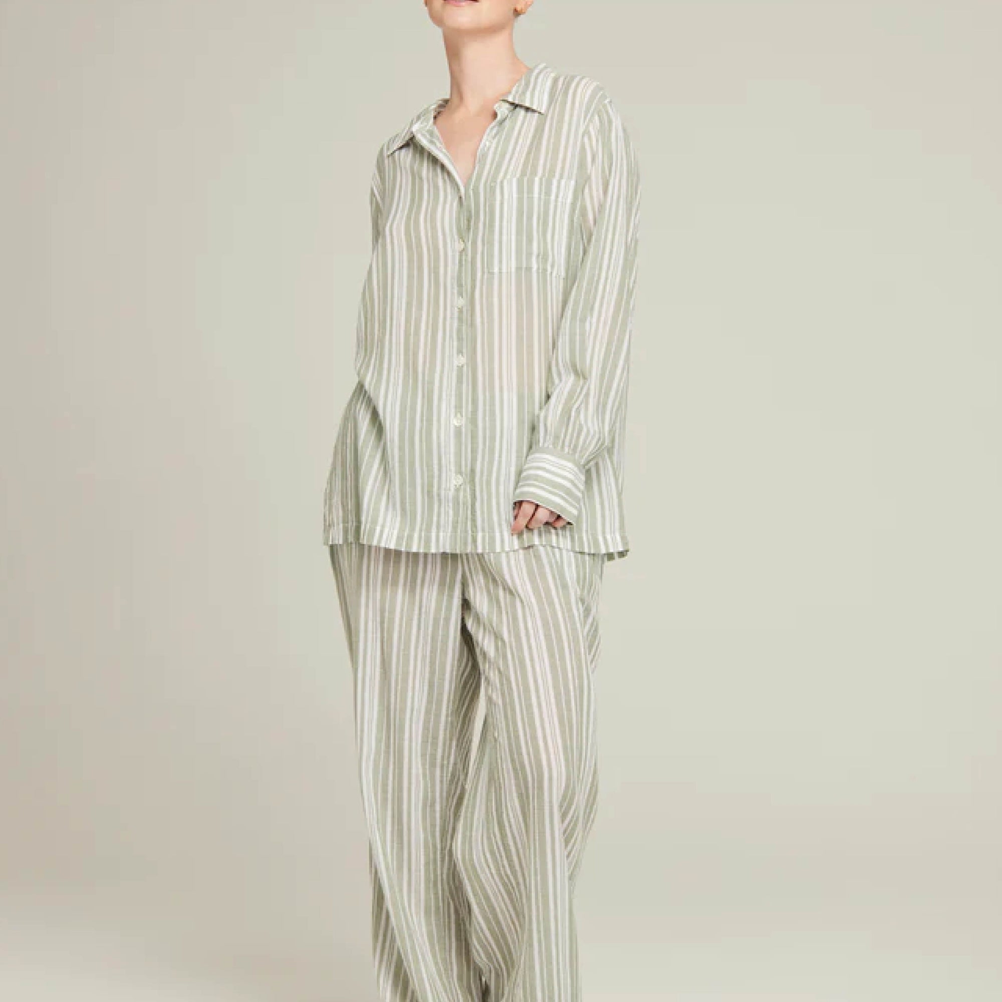 Relaxed fit long cotton pyjamas [Sage stripe] Sleep Nudea 