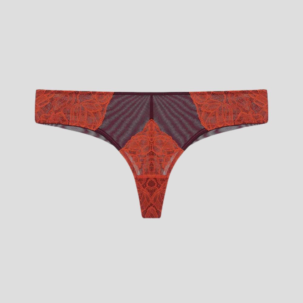 Rust lace & burgundy mesh tanga Bottoms Dora Larsen 
