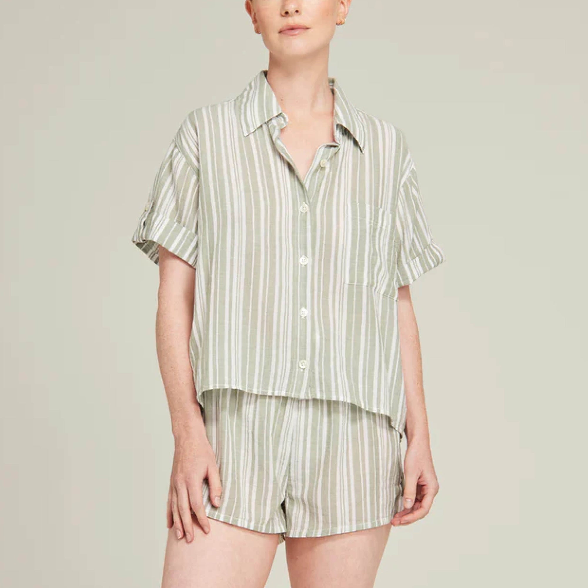 Short sleeve shirt & short set [Sage Stripe] Sleep Nudea 