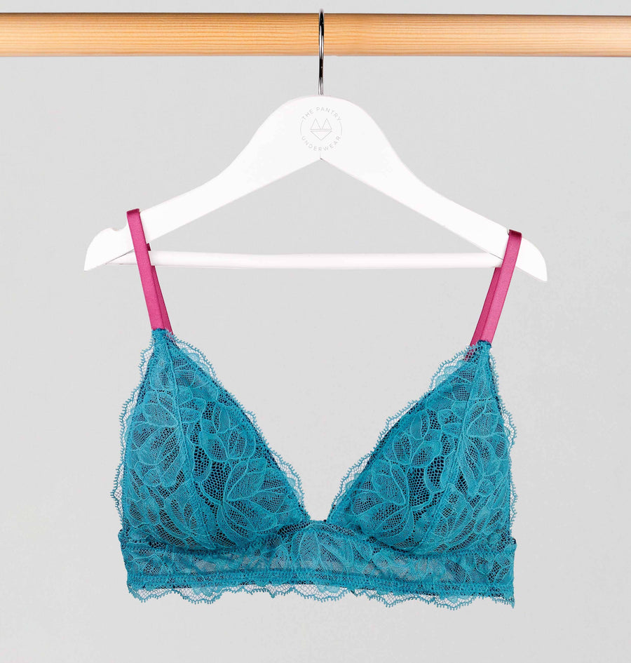 Turquoise lace & navy padded triangle Bras Dora Larsen 