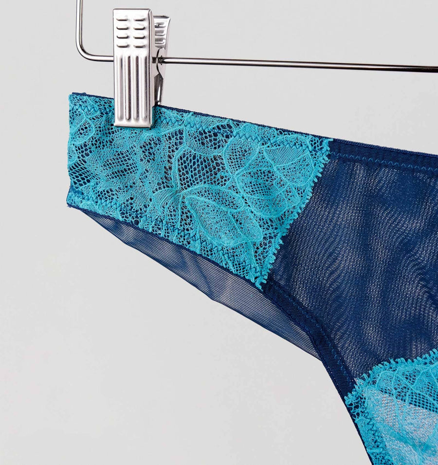 Turquoise lace & navy mesh tanga Bottoms Dora Larsen 