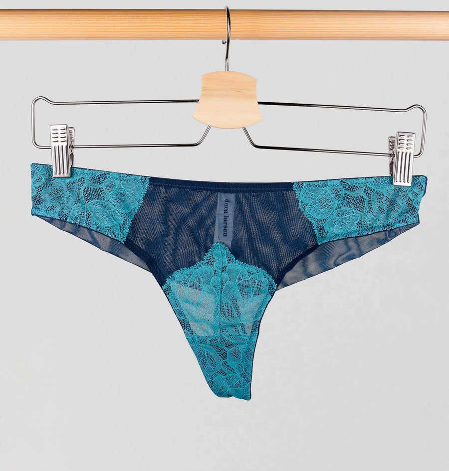 Turquoise lace & navy mesh tanga Bottoms Dora Larsen 