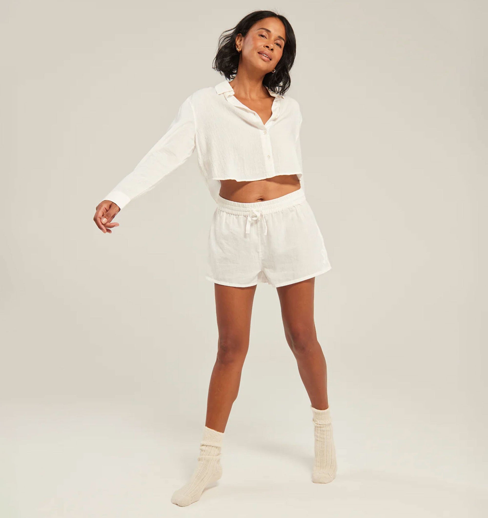 Cropped shirt & short set [Linen White] Sleep Nudea 