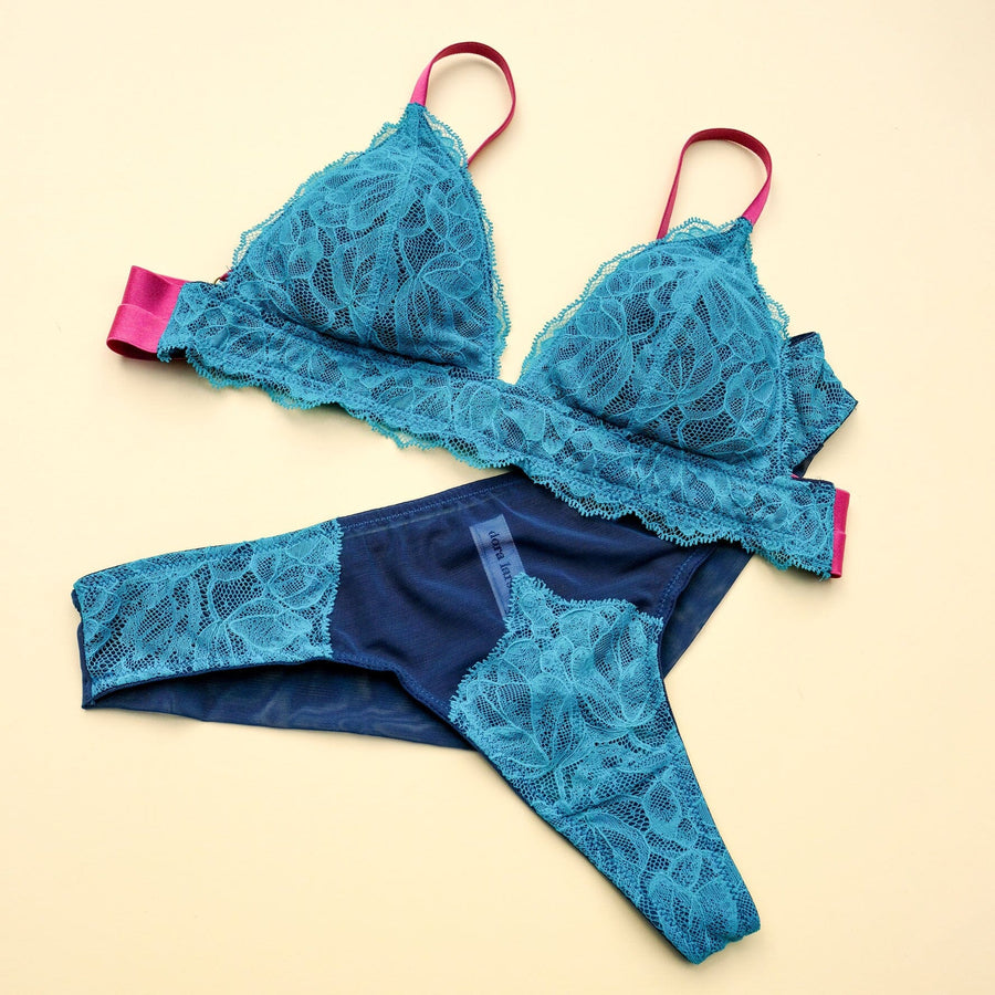 Turquoise lace & navy padded triangle Bras Dora Larsen 