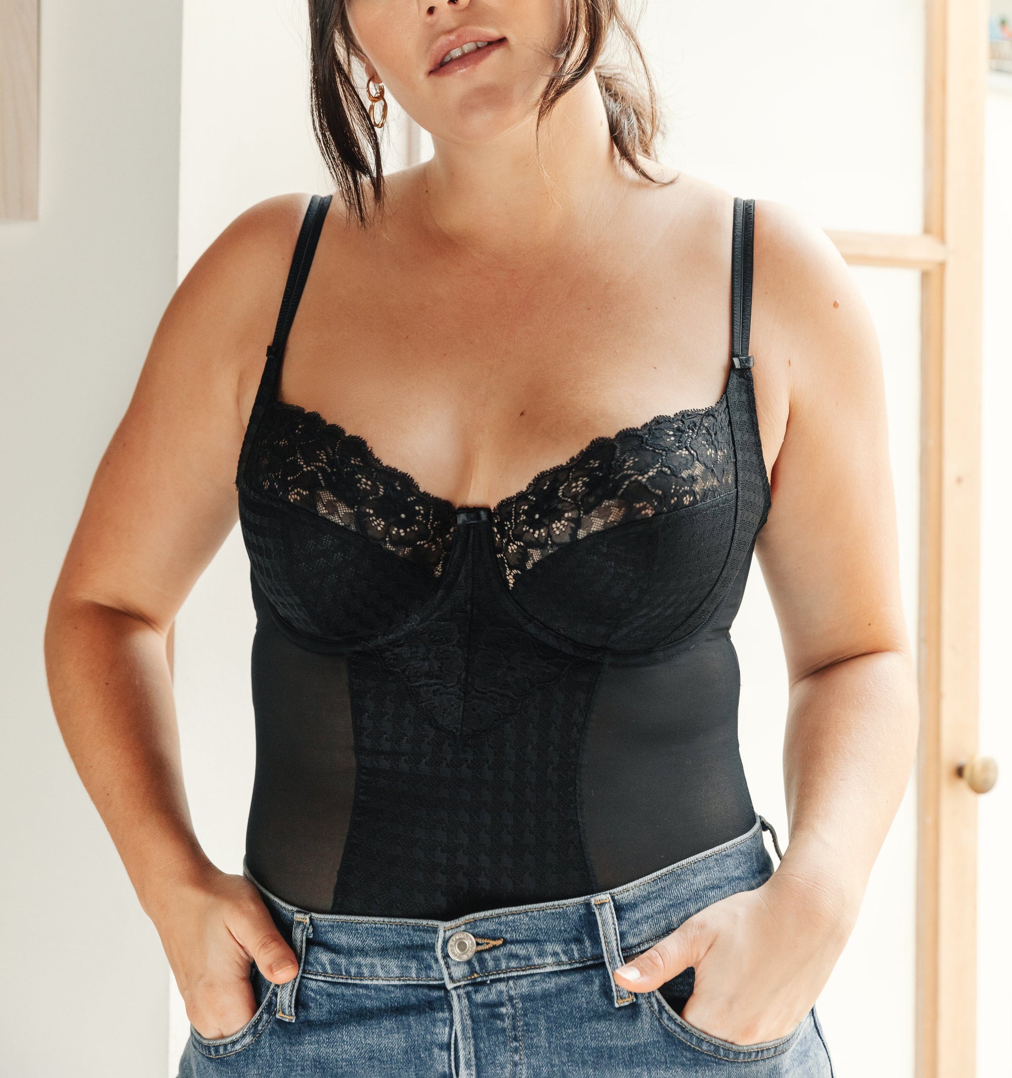 Houndstooth &amp; floral lace body [Black] Shape Panache 