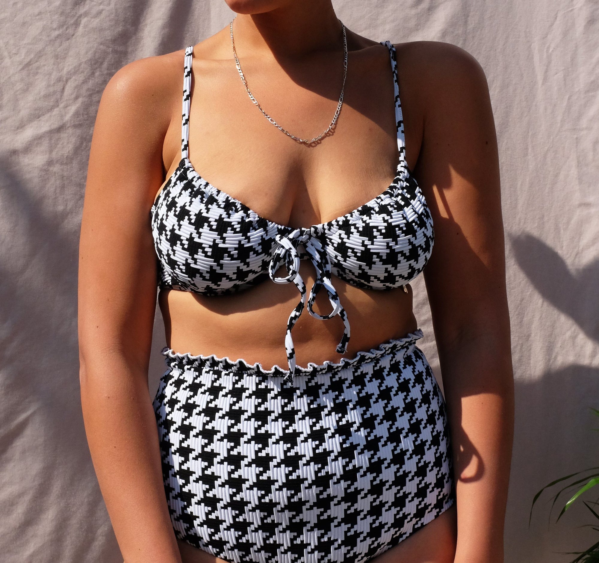 Houndstooth waffle wired balconette bikini top [Monochrome] Swim Lilliput &amp; Felix 