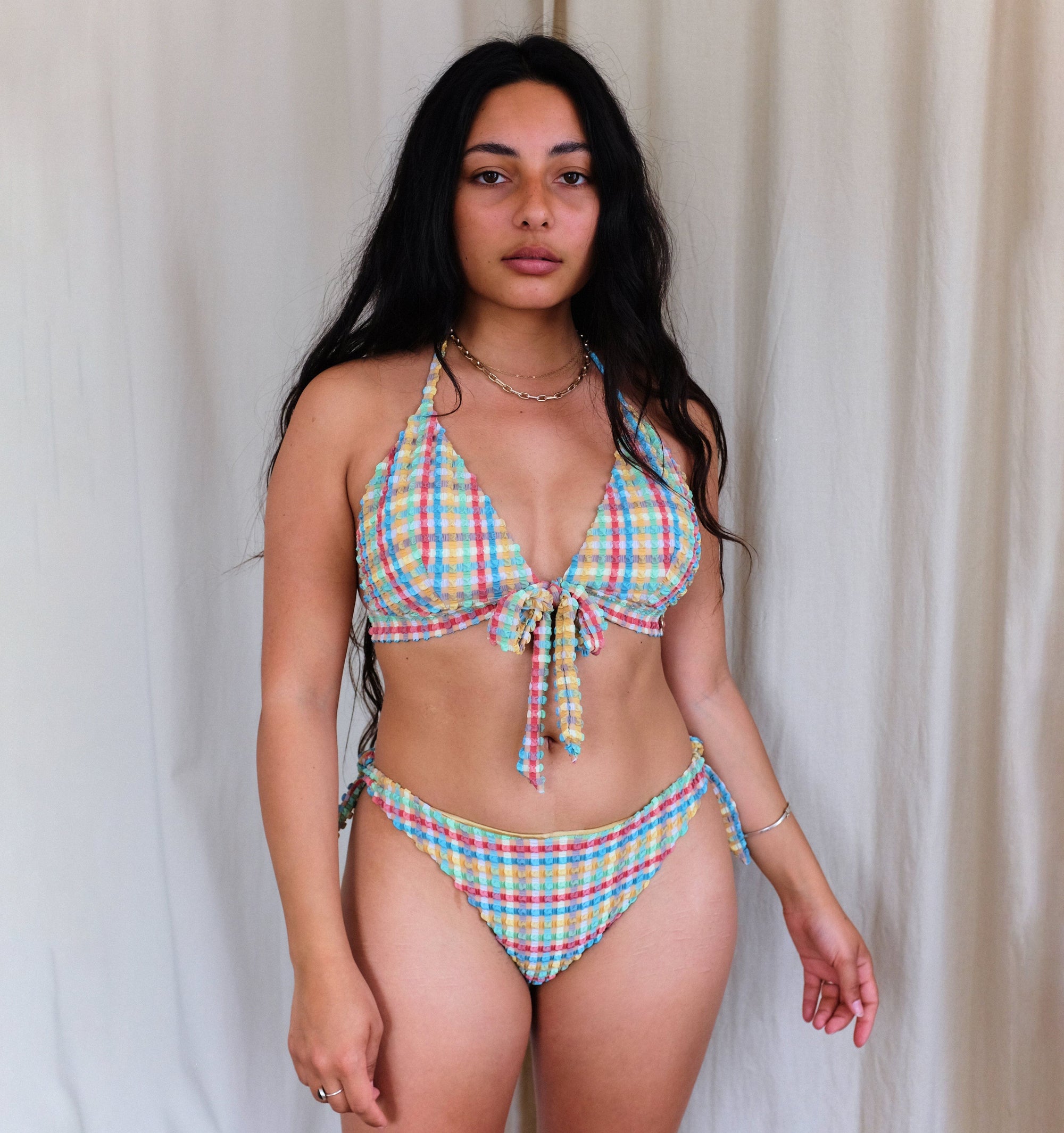 Gingham waffle low rise side-tie bikini bottom [Yellow Gingham] Swim Lilliput &amp; Felix 