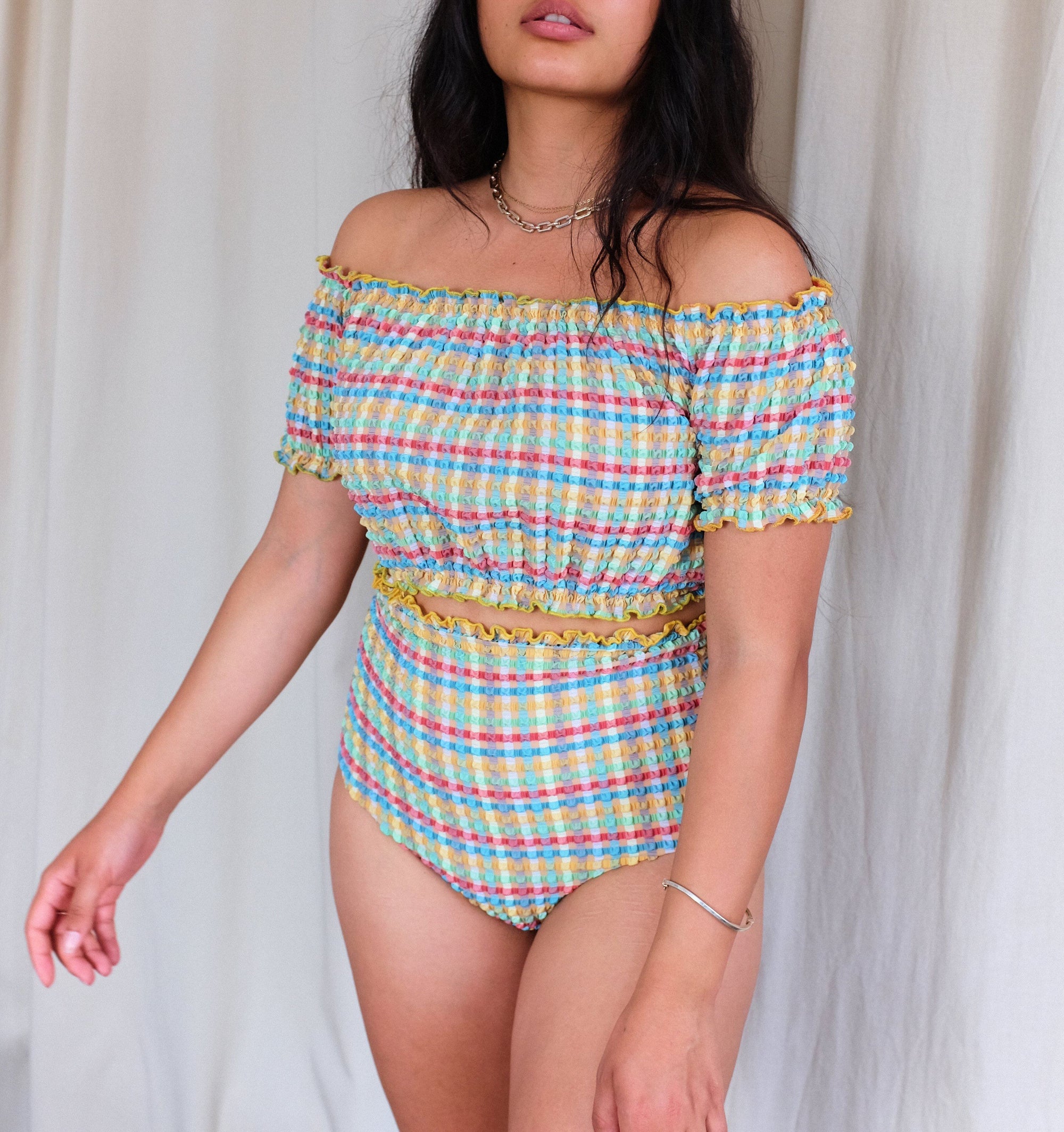 Gingham waffle high waisted bikini bottom [Yellow Gingham] Swim Lilliput &amp; Felix 