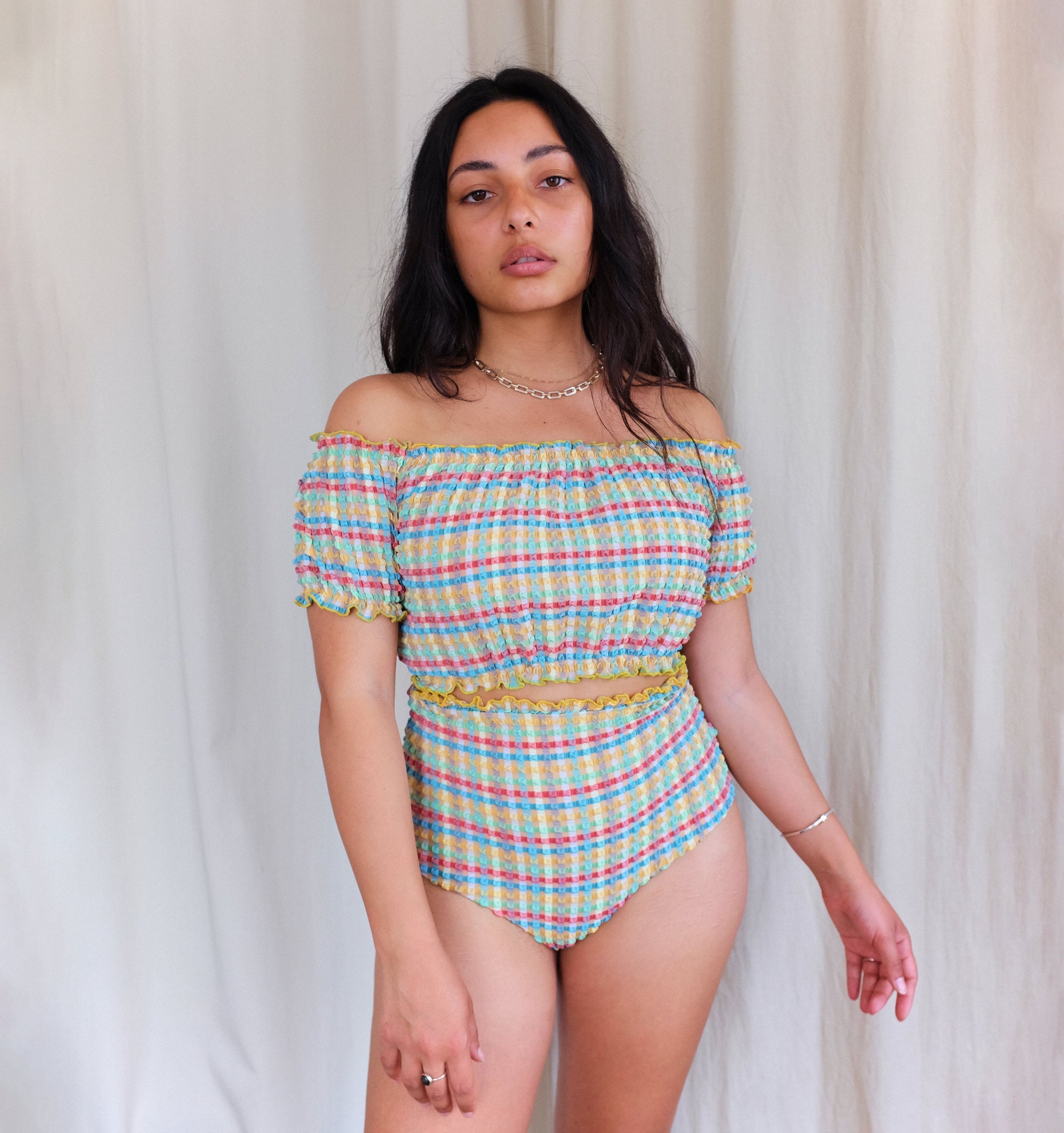 Gingham waffle high waisted bikini bottom [Yellow Gingham] Swim Lilliput &amp; Felix 