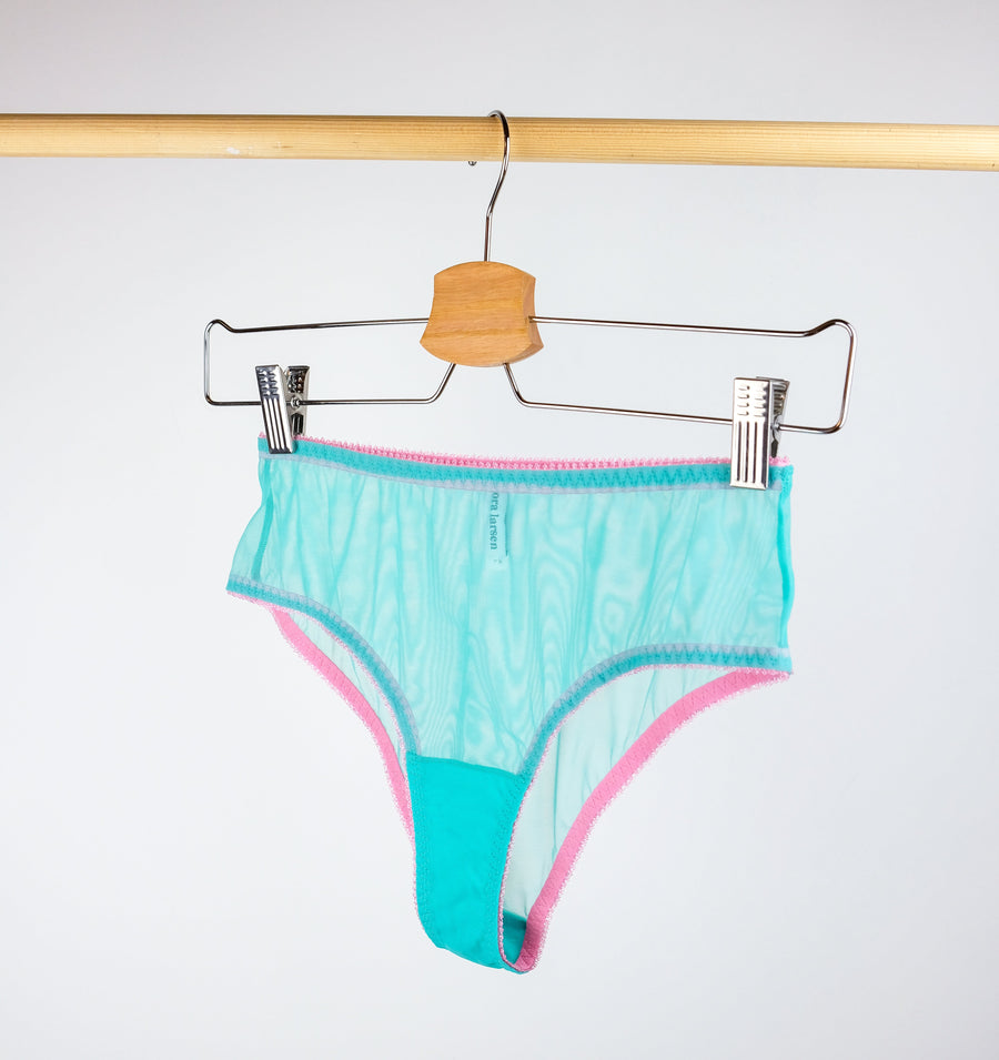 Turquoise mesh & peony high waist knicker Bottoms Dora Larsen 