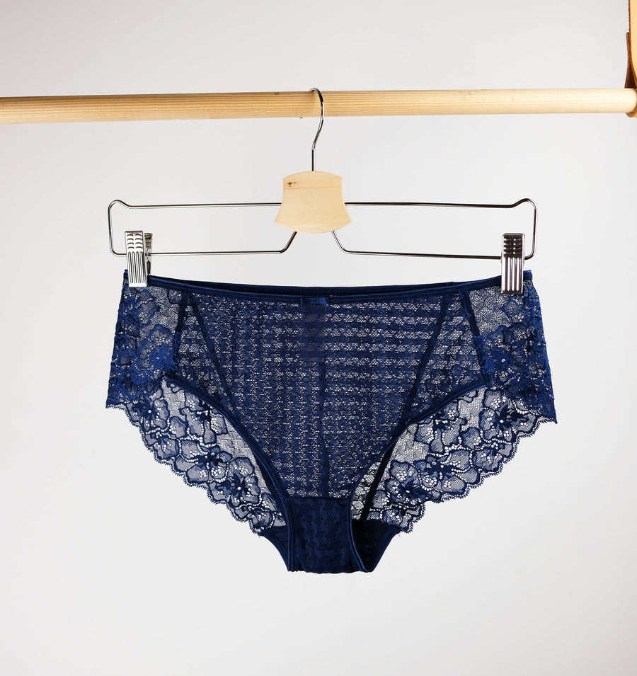 Houndstooth & floral lace french knicker [Navy]